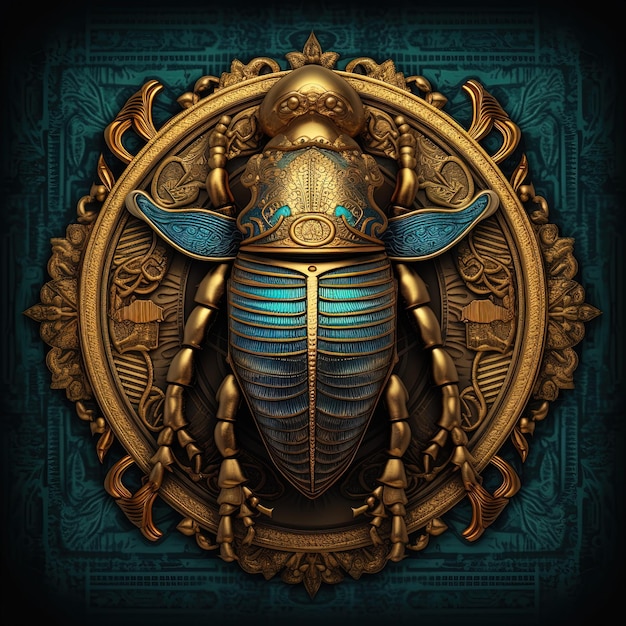 Símbolo egipcio de un escarabajo dorado Escarabajo egipcio símbolo de oro de los dioses faraón Ra sol Diseño de camisetas de mitología IA generativa
