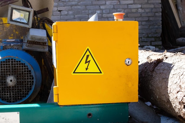 Símbolo de electricidad en una caja de metal