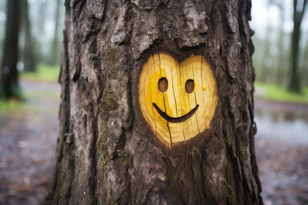 Foto un símbolo de emoji de amor tallado en la corteza de un árbol