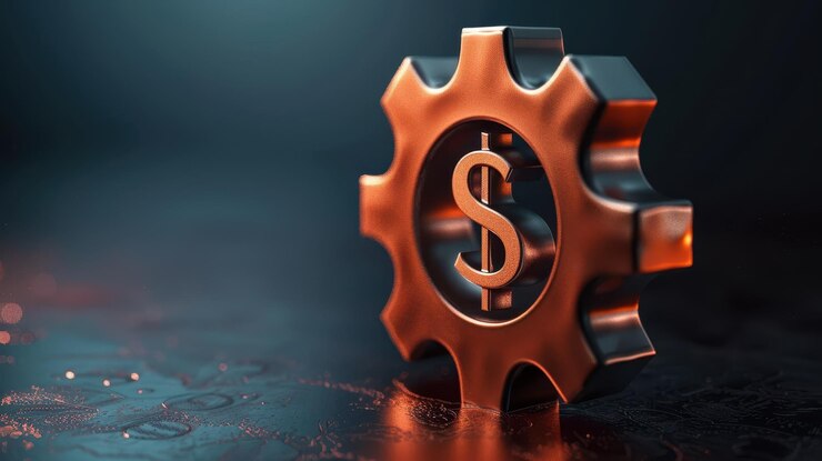 Símbolo de engranaje del signo del dólar de bronce que representa los mecanismos financieros y los procesos económicos