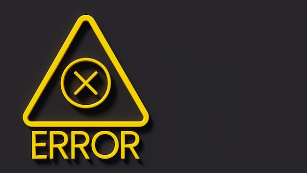 Símbolo de error en color amarillo en el escenario negro problema y fallo tema renderizado en 3D