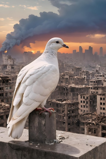 Símbolo de esperanza Paloma blanca de la paz volando sobre un paisaje urbano devastado