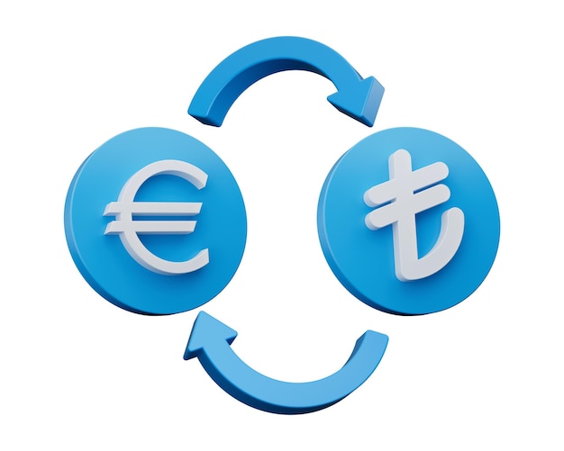 Foto símbolo de euro y lira blanco 3d en iconos azules redondeados con flechas de cambio de dinero ilustración 3d