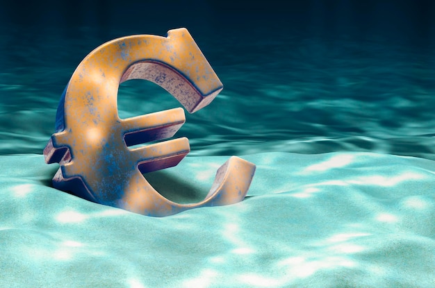 Símbolo del euro en la representación 3D submarina del fondo del océano