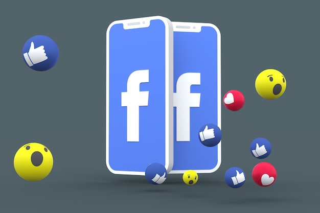 Símbolo de Facebook en la pantalla del teléfono inteligente o móvil y reacciones de Facebook 3D Render