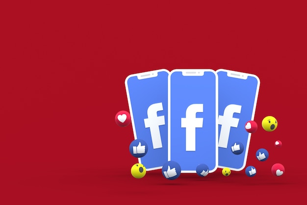 Símbolo de Facebook en la pantalla del teléfono inteligente o móvil y reacciones de Facebook 3D Render