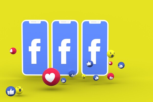 Símbolo de Facebook en la pantalla del teléfono inteligente o móvil y reacciones de Facebook aman, guau, como emoji 3d render