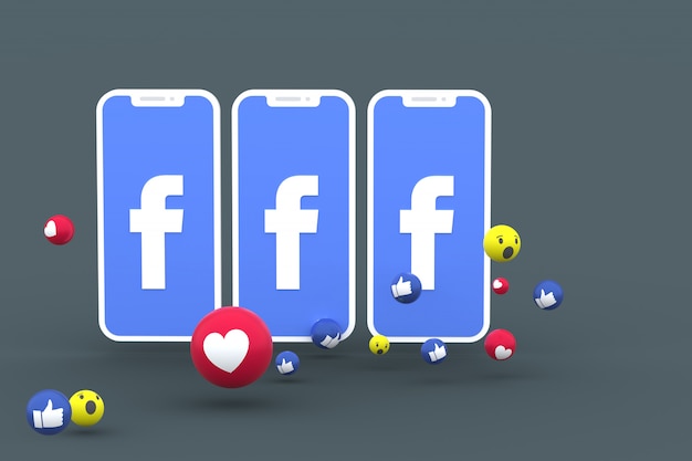 Símbolo de Facebook en la pantalla del teléfono inteligente o móvil y reacciones de Facebook aman, guau, como emoji 3d render