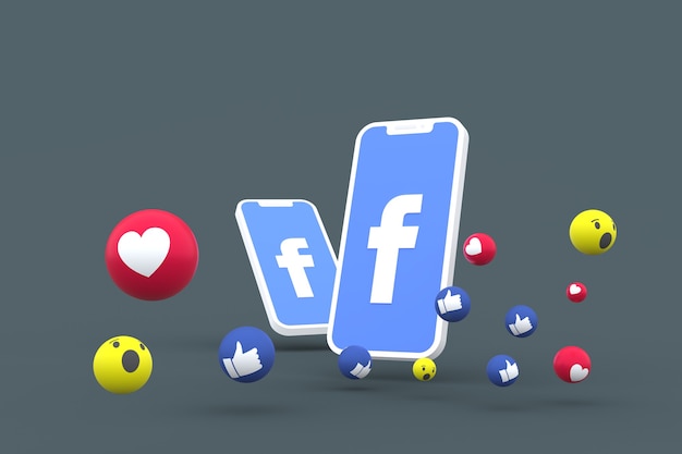 Símbolo de Facebook en la pantalla del teléfono inteligente o móvil y reacciones de Facebook aman, guau, como emoji 3d render