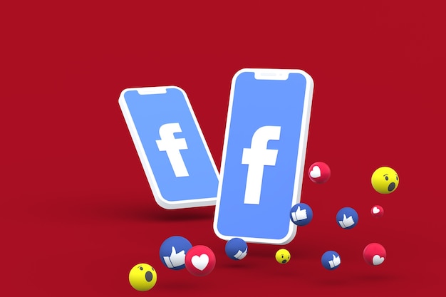 Símbolo de Facebook en la pantalla del teléfono inteligente o móvil y reacciones de Facebook aman, guau, como emoji 3d render