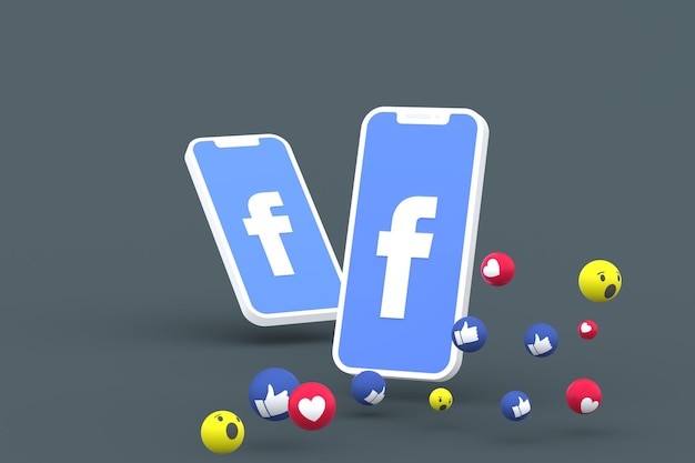 Símbolo de Facebook en la pantalla del teléfono inteligente o móvil y reacciones de Facebook aman, guau, como emoji 3d render