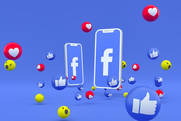 Símbolo de Facebook en la pantalla del teléfono inteligente o móvil y reacciones de Facebook amor, wow, como emoji 3d render