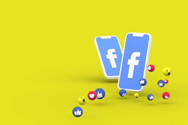 Símbolo de Facebook en la pantalla del teléfono inteligente o móvil y reacciones de Facebook amor, wow, como emoji 3d render