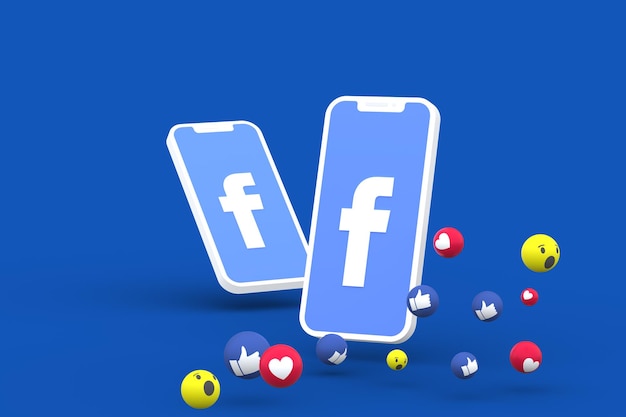 Símbolo de facebook en la pantalla del teléfono inteligente o móvil y reacciones de facebook amor, wow, como emoji 3d render