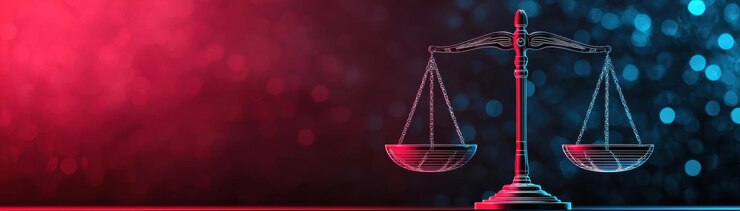 Un símbolo futurista de la justicia representa el equilibrio de la moralidad contra el caos iluminado por vibrantes luces rojas y azules esta imagen llamativa evoca el sentido de la justicia y el equilibrio