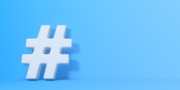 Símbolo de hashtag blanco en un fondo azul Concepto creativo mínimo Renderización 3D de vista frontal