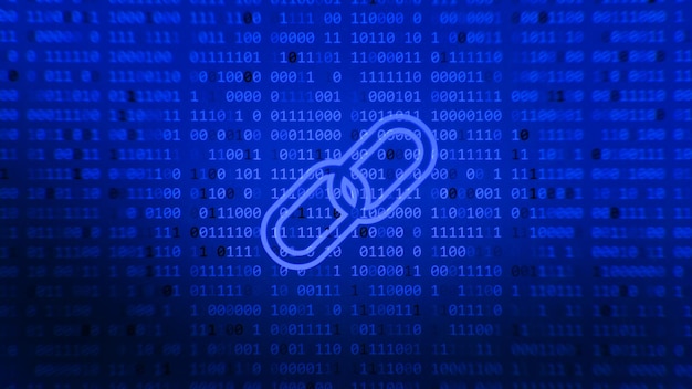 Símbolo de hipervínculo de cadena de bloques en información de flujo de datos grandes de número de código binario. Fondo abstracto azul brillante. Finanzas concepto de negocio de bitcoin.
