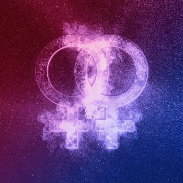 Símbolo de homosexualidad femenina Rojo Azul. Glifo lésbico. Signo femenino duplicado.