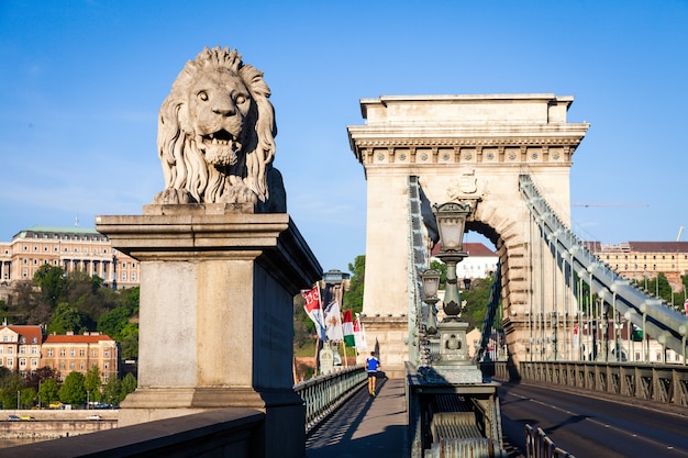 Símbolo icónico de Budapest: la estatua del león al comienzo del famoso Puente de las Cadenas