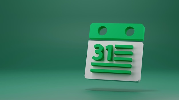 Símbolo de icono mínimo de calendario en renderizado 3D aislado sobre fondo verde