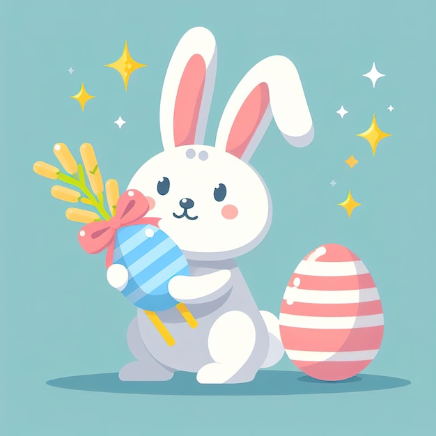 Foto símbolo de ilustración plana vacaciones de pascua conejo lindo con huevos pintados de colores en fondo de color