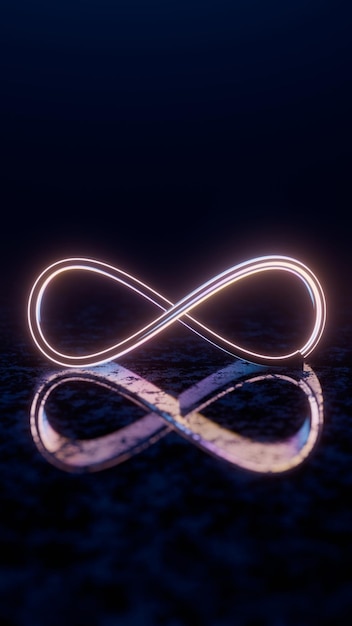 Símbolo del infinito con brillo de neón y reflejo en superficie oscura