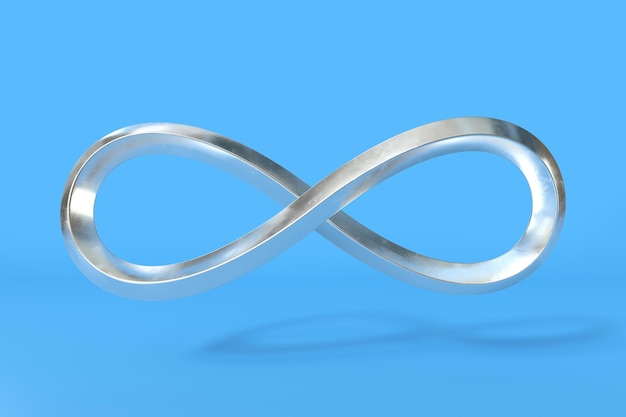 Un símbolo del infinito compuesto por tubos cuadrados de metal brillante sobre un fondo azul Renderizado en 3D