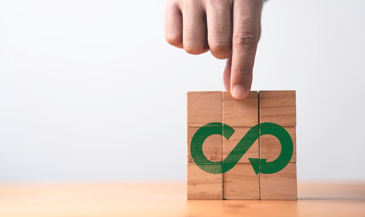 Foto símbolo infinito con íconos del entorno de la economía empresarial circular que imprimen pantalla en madera para un futuro crecimiento sostenible de la inversión y reducen la contaminación ambiental para el concepto futuro
