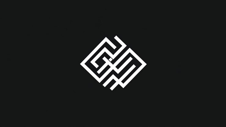 Foto símbolo del logotipo de patrón de laberinto blanco abstracto sobre un fondo negro