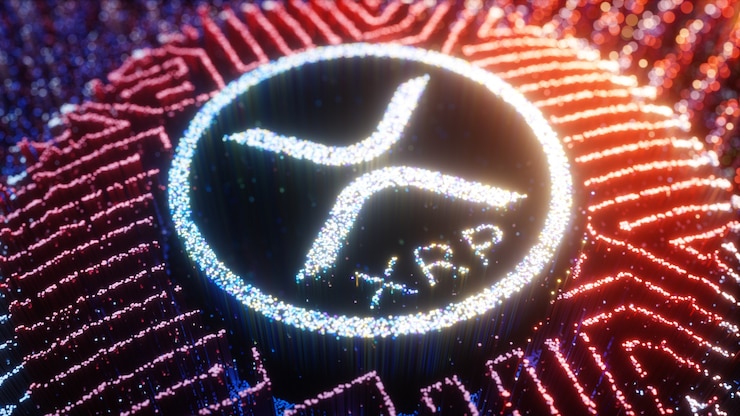 Foto símbolo del logotipo de xrp de arte digital. ilustración 3d futurista de criptomoneda de ondulación.