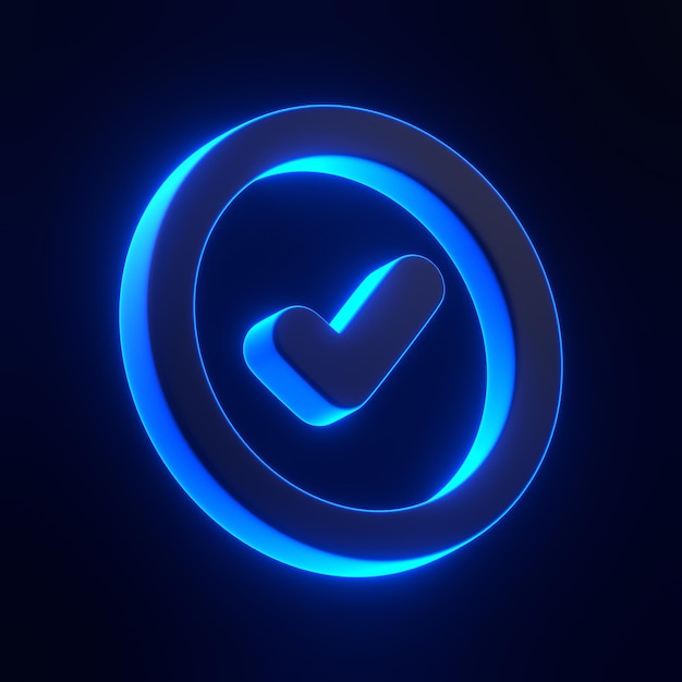 Símbolo de marca de comprobación de neón azul brillante