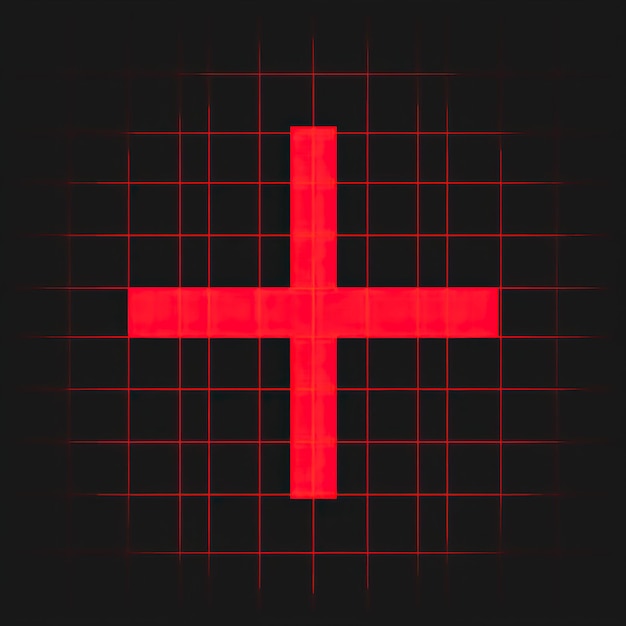 Un símbolo de más rojo pixelado en un fondo de cuadrícula