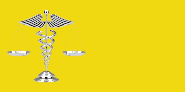 Símbolo médico del caduceo como escalas sobre un fondo amarillo. Representación 3D