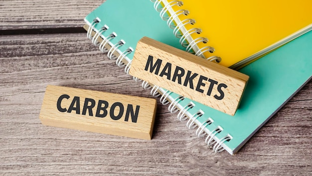 Símbolo de los mercados de carbono Palabras conceptuales retorno de activos en bloques de madera