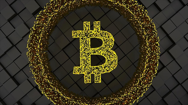 Símbolo de moneda Bitcoin con muchas partículas y superficie cuadrada generada por ordenador fondo de tecnología abstracta