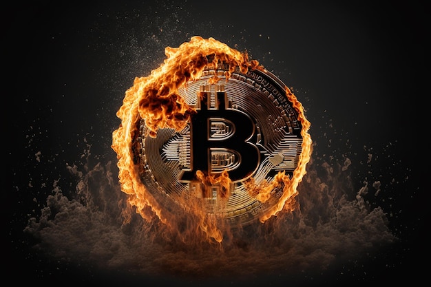 Símbolo de moneda criptográfica de Bitcoin en llamas sobre fondo negro Concepto de moneda digital y riesgo