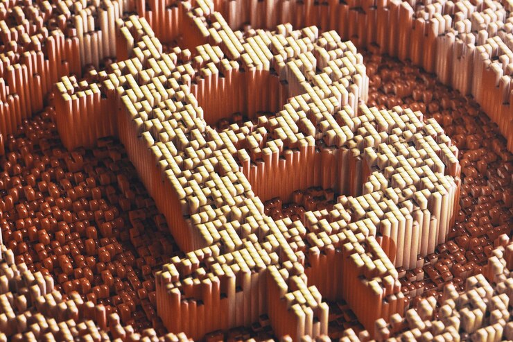Símbolo de moneda digital de Bitcoin visto desde arriba criptomonedas y blockchain