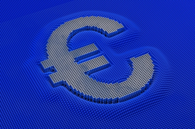 Símbolo de moneda euro hecho de matriz de cilindro de plata. Representación 3d