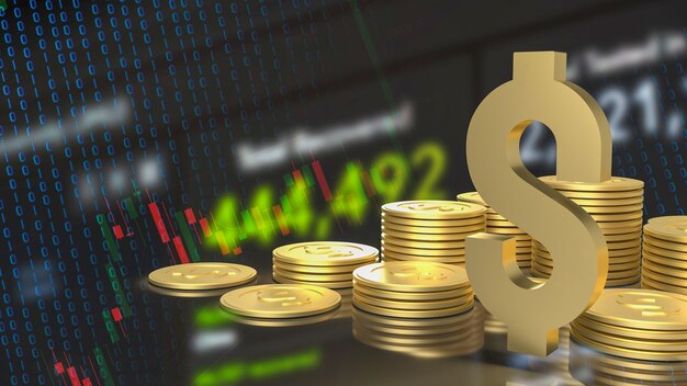 El símbolo y las monedas del dólar del oro del oro en la representación 3d del fondo del gráfico de negocio