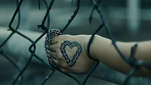 Foto un símbolo negro en forma de corazón está pintado en la mano de una persona que se aferra a una valla de enlaces de cadena el fondo es borroso y oscuro