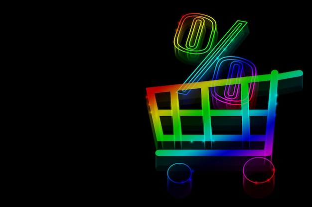 Símbolo de neón por ciento de descuento y un carrito de compras sobre fondo negro con espacio para texto