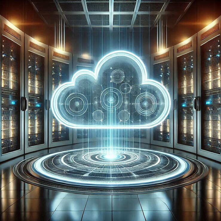 Foto un símbolo de nube holográfica brillante se encuentra en el centro de un centro de datos de alta tecnología.