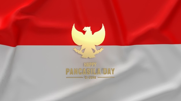 El símbolo de oro de Garuda en la bandera de Indonesia para el día de pancasila 3d renderingxA