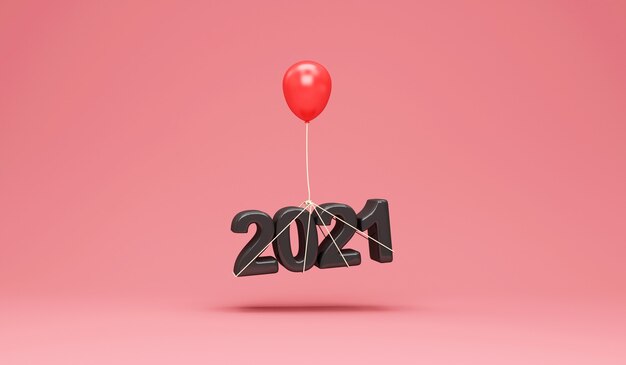 Símbolo preto de ano novo de 2021 com balão vermelho no fundo rosa do estúdio