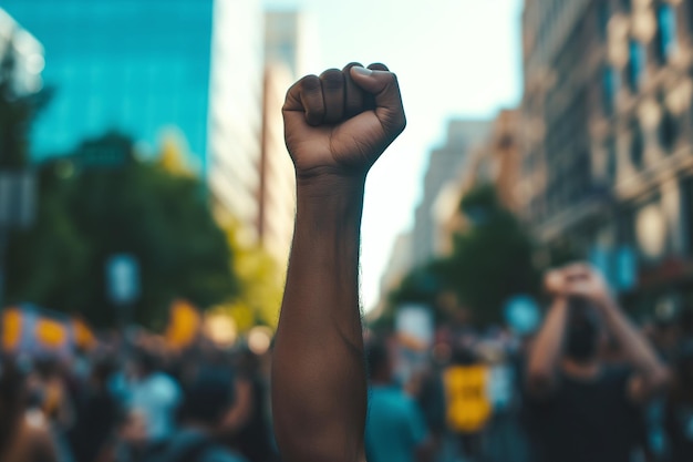 Símbolo de protesta con el puño levantado de un hombre afroamericano en la calle en medio de una protesta