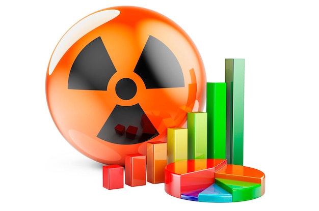 Símbolo de radiación con gráfico de barras de crecimiento y representación 3D de gráfico circular
