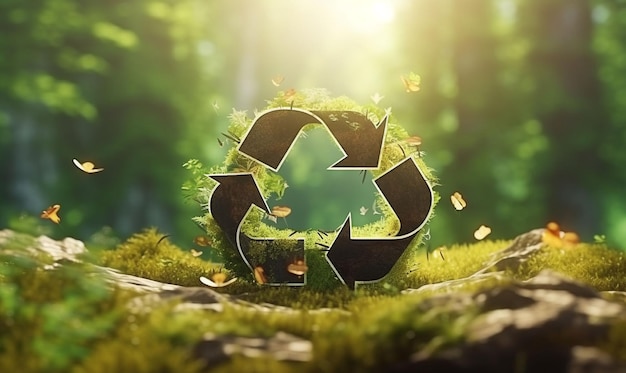 Un símbolo de reciclaje en un bosque.