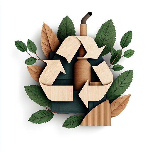 Símbolo de reciclaje con elementos de madera y hojas