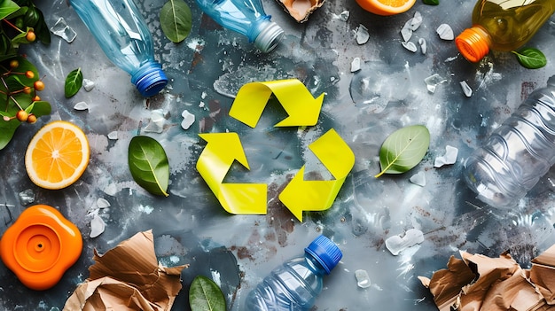 un símbolo de reciclaje está rodeado de botellas, hojas de frutas y otros residuos