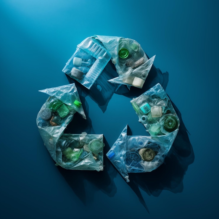Símbolo de reciclaje hecho de botellas de plástico recicladas.